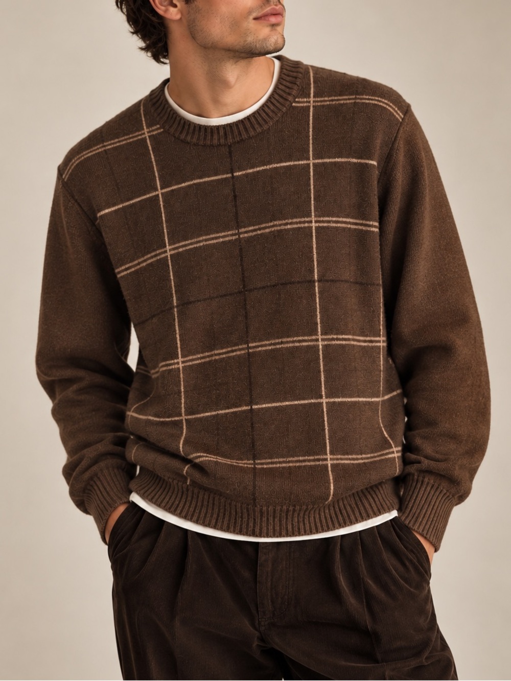 Oscar de la Renta Chocolate Brown Windowpane Sweater XL Preppy Old Money Grandpa